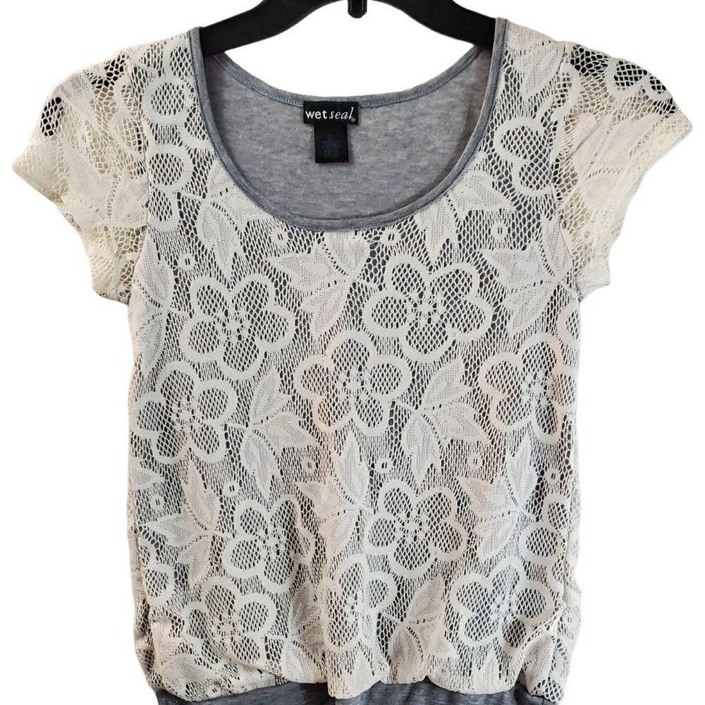 Wet Seal SMALL Ivory lace Grey Overly SS Blouse Top - Picture 1 of 3